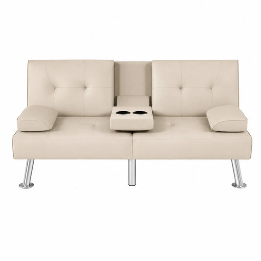 2-Sitzer Klappsofa Kunstleder Beige mit Becherhalter